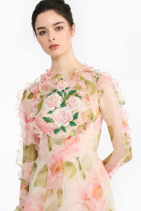 Shop_Gauri & Nainika_Pink Silk Organza Embroidery, Sequins, Beads Round Neck Indian Rose Printed Gown _Online_at_Aza_Fashions