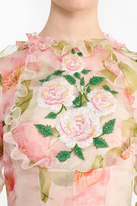 Gauri & Nainika_Pink Silk Organza Embroidery, Sequins, Beads Round Neck Indian Rose Printed Gown _at_Aza_Fashions