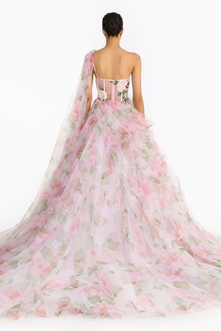 Gauri & Nainika Indian Rose Embroidered Draped Saree Gown 