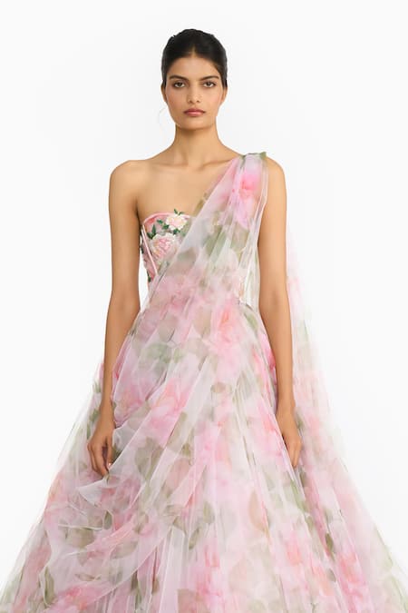 Gauri & Nainika_Pink Tulle Embroidery, Beads, Sequins One Indian Rose Draped Saree Gown _Online_at_Aza_Fashions