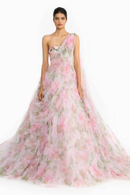 Buy_Gauri & Nainika_Pink Tulle Embroidery, Beads, Sequins One Indian Rose Draped Saree Gown _Online_at_Aza_Fashions