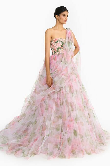 Shop_Gauri & Nainika_Pink Tulle Embroidery, Beads, Sequins One Indian Rose Draped Saree Gown _Online_at_Aza_Fashions