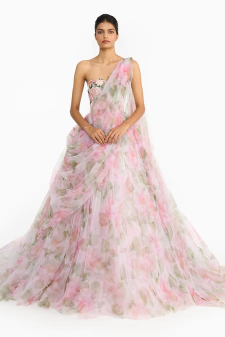 Gauri & Nainika Indian Rose Embroidered Draped Saree Gown 