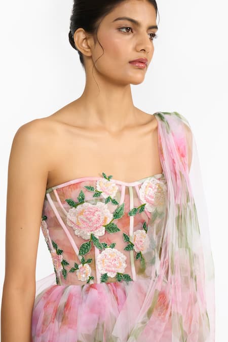 Gauri & Nainika_Pink Tulle Embroidery, Beads, Sequins One Indian Rose Draped Saree Gown _at_Aza_Fashions