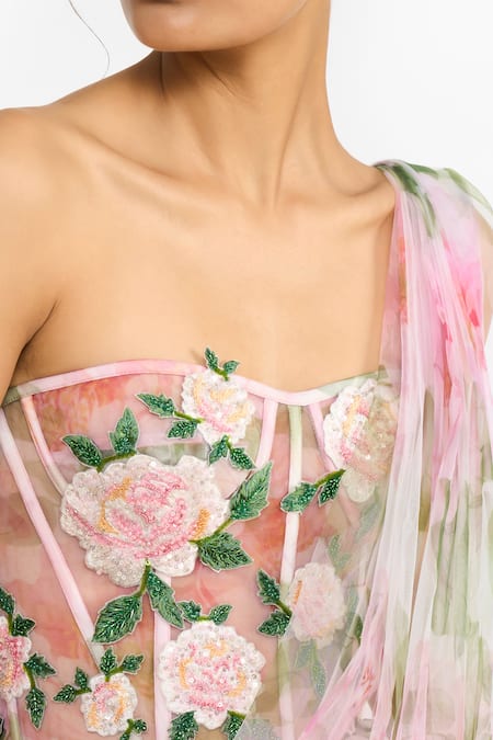 Buy_Gauri & Nainika_Pink Tulle Embroidery, Beads, Sequins One Indian Rose Draped Saree Gown 