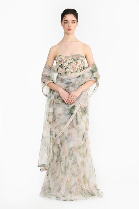 Gauri & Nainika Indian Rose Printed Pre-Stitched Saree With Corset 