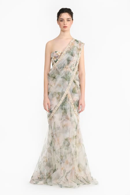 Gauri & Nainika_White Tulle Embroidery, Indian Rose Printed Pre-stitched Saree With Corset _Online_at_Aza_Fashions