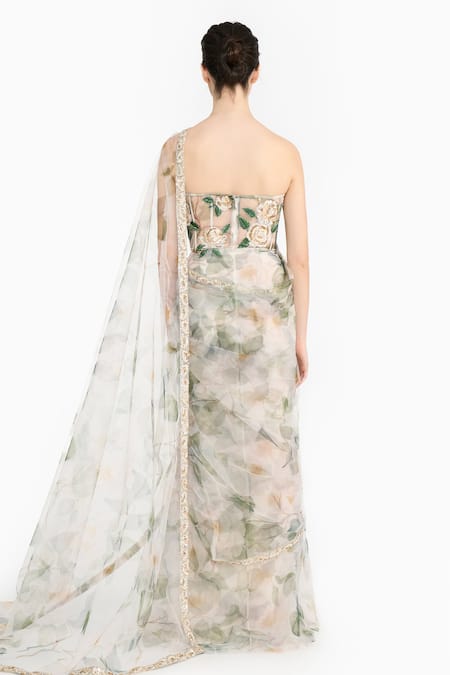 Gauri & Nainika Indian Rose Printed Pre-Stitched Saree With Corset 