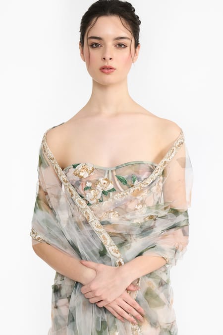 Gauri & Nainika_White Tulle Embroidery, Indian Rose Printed Pre-stitched Saree With Corset _at_Aza_Fashions