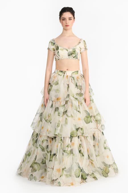 Gauri & Nainika_White Silk Organza Sequins Round Neck Indian Rose Printed Lehenga Set _Online_at_Aza_Fashions