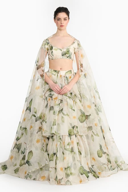 Buy_Gauri & Nainika_White Silk Organza Sequins Round Neck Indian Rose Printed Lehenga Set _Online_at_Aza_Fashions