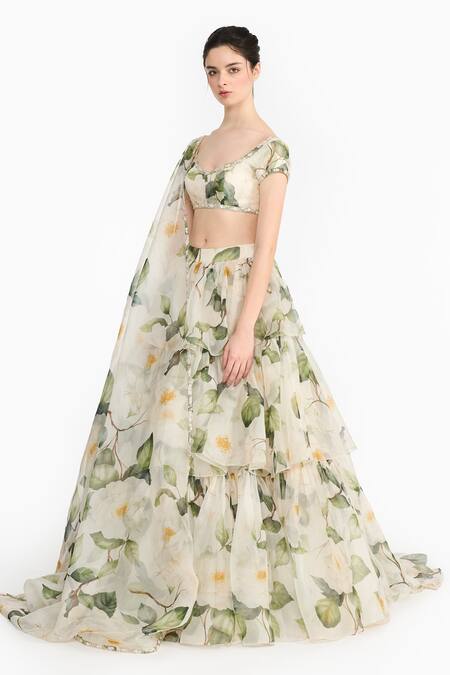 Gauri & Nainika_White Silk Organza Sequins Round Neck Indian Rose Printed Lehenga Set _at_Aza_Fashions