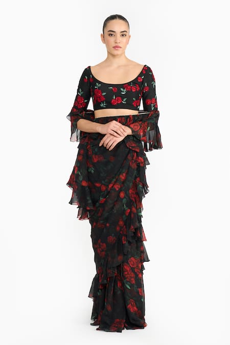 Gauri & Nainika_Black Chiffon, Crepe Ruffles, Sequins, Rose Pre-draped Saree With Blouse _Online_at_Aza_Fashions