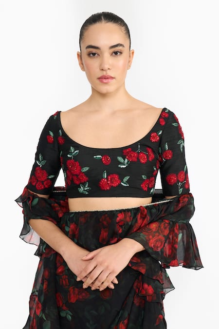 Buy_Gauri & Nainika_Black Chiffon, Crepe Ruffles, Sequins, Rose Pre-draped Saree With Blouse _Online_at_Aza_Fashions