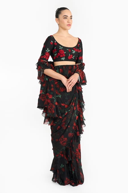 Shop_Gauri & Nainika_Black Chiffon, Crepe Ruffles, Sequins, Rose Pre-draped Saree With Blouse _Online_at_Aza_Fashions
