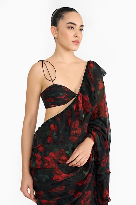 Gauri & Nainika_Black Chiffon, Crepe Ruffles Sweetheart Neck Rose Pre-draped Saree With Blouse _Online_at_Aza_Fashions