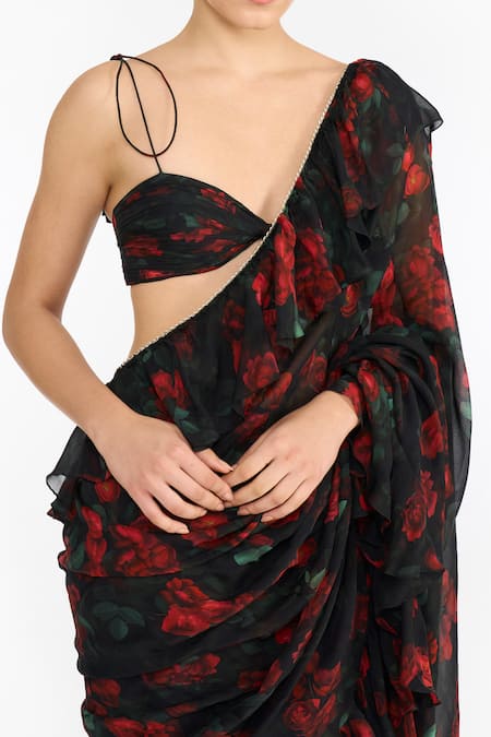 Buy_Gauri & Nainika_Black Chiffon, Crepe Ruffles Sweetheart Neck Rose Pre-draped Saree With Blouse _Online_at_Aza_Fashions