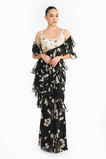 Gauri & Nainika Rose Creeper Pre-Draped Saree With Embroidered Blouse 