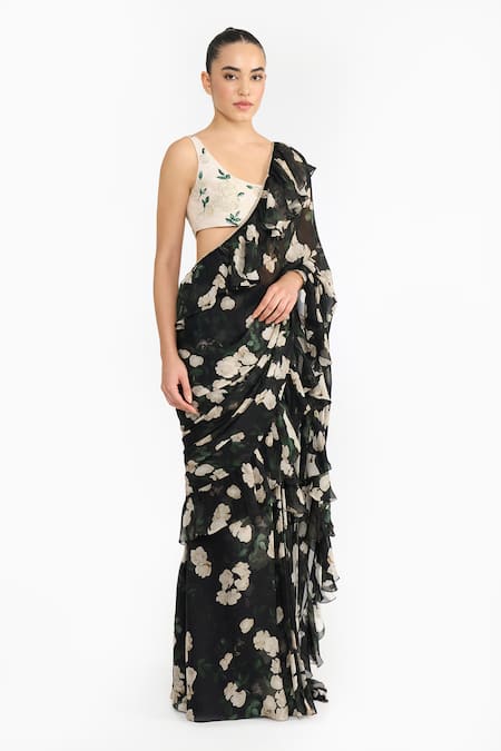 Buy_Gauri & Nainika_Black Chiffon, Crepe Embroidery Scoop Neck Rose Pre-draped Saree With Blouse _Online_at_Aza_Fashions