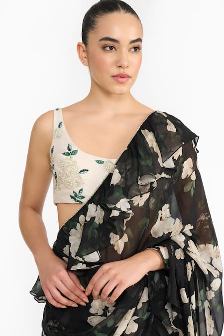 Shop_Gauri & Nainika_Black Chiffon, Crepe Embroidery Scoop Neck Rose Pre-draped Saree With Blouse _Online_at_Aza_Fashions