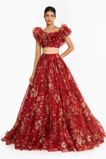 Gauri & Nainika Forest Print Organza Ruffled Blouse With Lehenga 