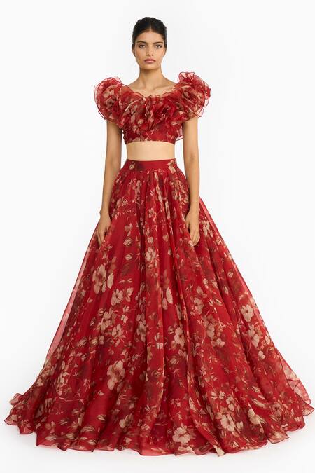 Gauri & Nainika_Red Silk Organza Ruffles Round Neck Forest Print Blouse With Lehenga _Online_at_Aza_Fashions