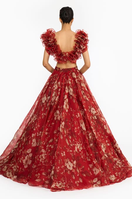 Gauri & Nainika Forest Print Organza Ruffled Blouse With Lehenga 