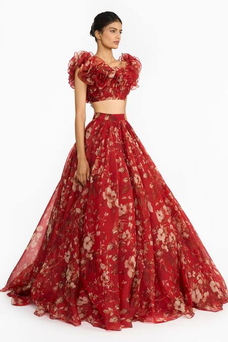 Gauri & Nainika_Red Silk Organza Ruffles Round Neck Forest Print Blouse With Lehenga _at_Aza_Fashions