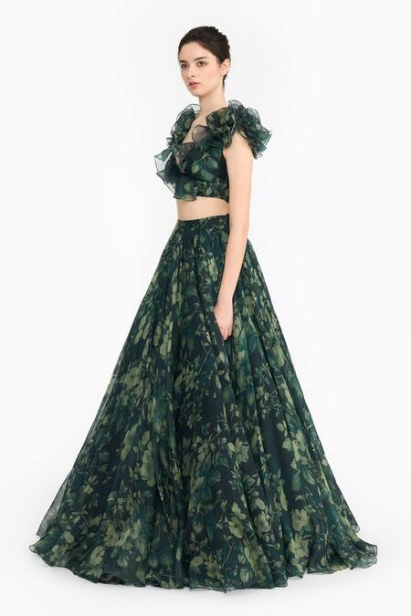 Gauri & Nainika_Green Silk Organza Sweetheart Neck Forest Print Ruffled Blouse And Lehenga Set _Online_at_Aza_Fashions