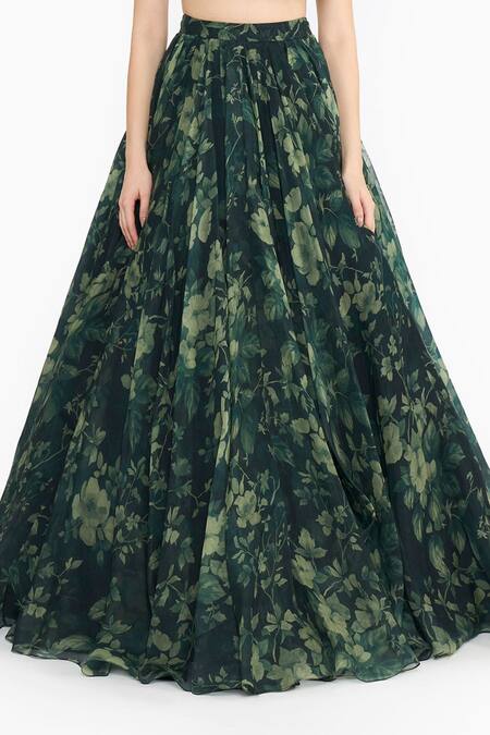 Shop_Gauri & Nainika_Green Silk Organza Sweetheart Neck Forest Print Ruffled Blouse And Lehenga Set _Online_at_Aza_Fashions