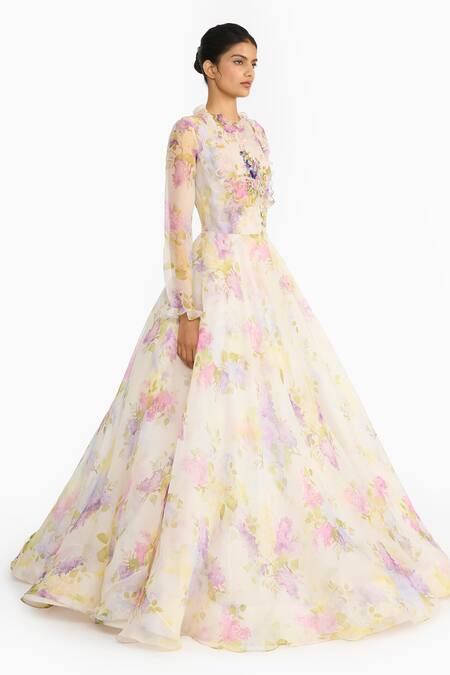 Gauri & Nainika Purple Silk Organza Embroidery, Sequins High Neck Lilac Printed Gown Online at Aza Fashions Gauri & Nainika_Purple Silk Organza Embroidery, Sequins High Neck Lilac Printed Gown _Online_at_Aza_Fashions