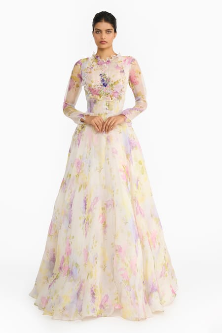Gauri & Nainika Lilac Printed Silk Organza Gown 