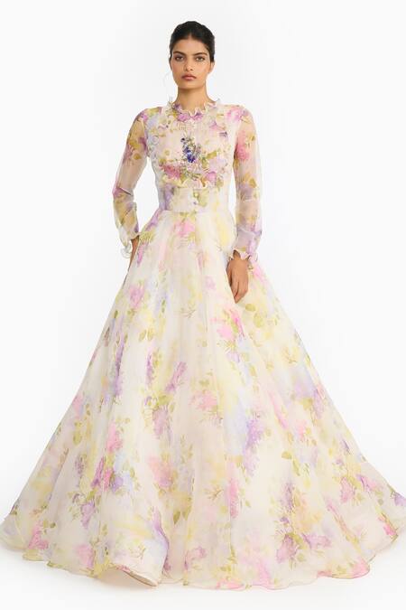 Gauri & Nainika Purple Silk Organza Embroidery, Sequins High Neck Lilac Printed Gown at Aza Fashions Gauri & Nainika_Purple Silk Organza Embroidery, Sequins High Neck Lilac Printed Gown _at_Aza_Fashions