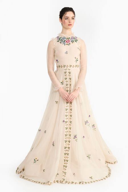 Gauri & Nainika_Ivory Silk Organza Embroidery High Neck French Angrakha _Online_at_Aza_Fashions