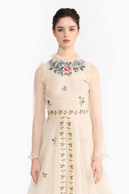 Buy_Gauri & Nainika_Ivory Silk Organza Embroidery High Neck French Angrakha _Online_at_Aza_Fashions