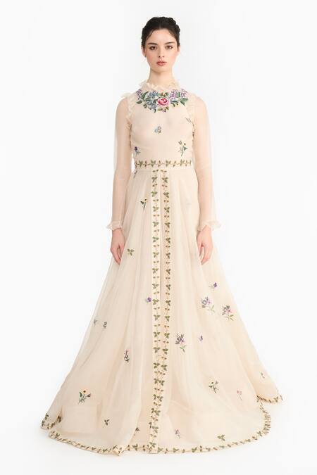 Shop_Gauri & Nainika_Ivory Silk Organza Embroidery High Neck French Angrakha _Online_at_Aza_Fashions
