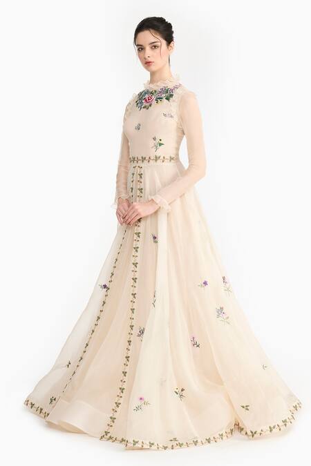 Gauri & Nainika_Ivory Silk Organza Embroidery High Neck French Angrakha _at_Aza_Fashions