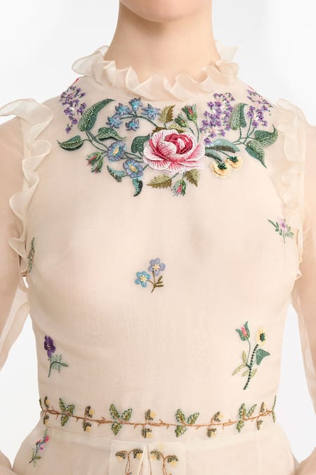 Buy_Gauri & Nainika_Ivory Silk Organza Embroidery High Neck French Angrakha 