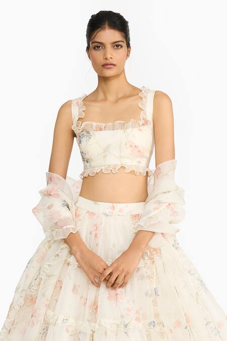 Shop_Gauri & Nainika_Off White Silk Organza Ruffles Square Neck Wildflower Printed Lehenga Set _Online_at_Aza_Fashions