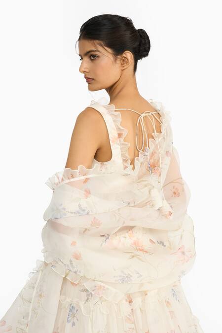 Gauri & Nainika_Off White Silk Organza Ruffles Square Neck Wildflower Printed Lehenga Set _at_Aza_Fashions