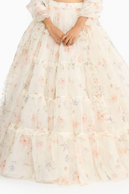 Buy_Gauri & Nainika_Off White Silk Organza Ruffles Square Neck Wildflower Printed Lehenga Set 
