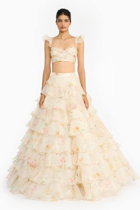 Buy_Gauri & Nainika_Pink Silk Organza Sweetheart Wildflower Printed Ruffled Lehenga And Blouse Set _Online_at_Aza_Fashions