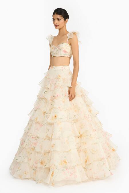 Shop_Gauri & Nainika_Pink Silk Organza Sweetheart Wildflower Printed Ruffled Lehenga And Blouse Set _Online_at_Aza_Fashions