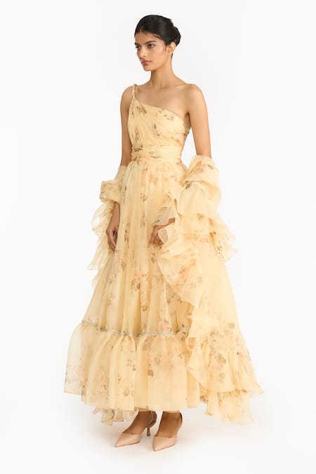 Gauri & Nainika_Yellow Silk Organza Foil Printing One Shoulder Vintage Rose Twisted Anarkali Set _Online_at_Aza_Fashions