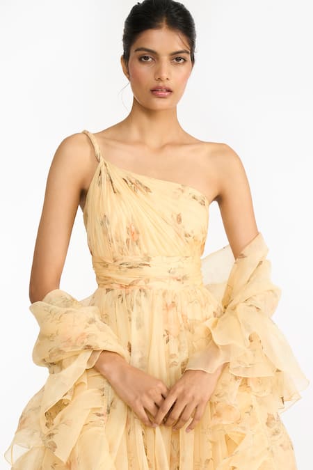 Buy_Gauri & Nainika_Yellow Silk Organza Foil Printing One Shoulder Vintage Rose Twisted Anarkali Set _Online_at_Aza_Fashions