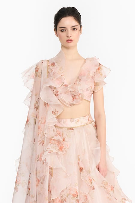 Gauri & Nainika_Pink Silk Organza Ruffles, Fabric Flowers, Foil Vintage Rose Lehenga Set _Online_at_Aza_Fashions