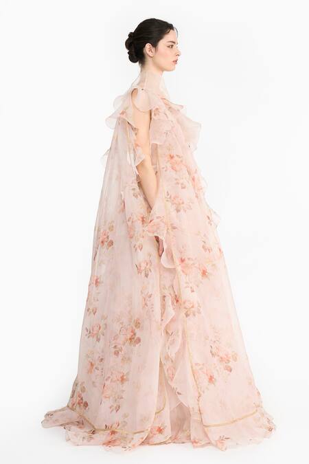 Buy_Gauri & Nainika_Pink Silk Organza Ruffles, Fabric Flowers, Foil Vintage Rose Lehenga Set _Online_at_Aza_Fashions