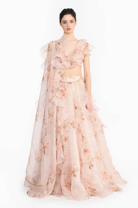 Shop_Gauri & Nainika_Pink Silk Organza Ruffles, Fabric Flowers, Foil Vintage Rose Lehenga Set _Online_at_Aza_Fashions