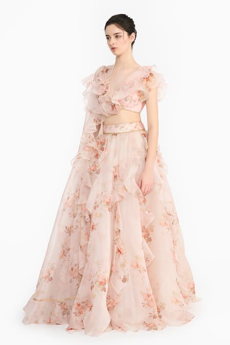 Gauri & Nainika_Pink Silk Organza Ruffles, Fabric Flowers, Foil Vintage Rose Lehenga Set _at_Aza_Fashions
