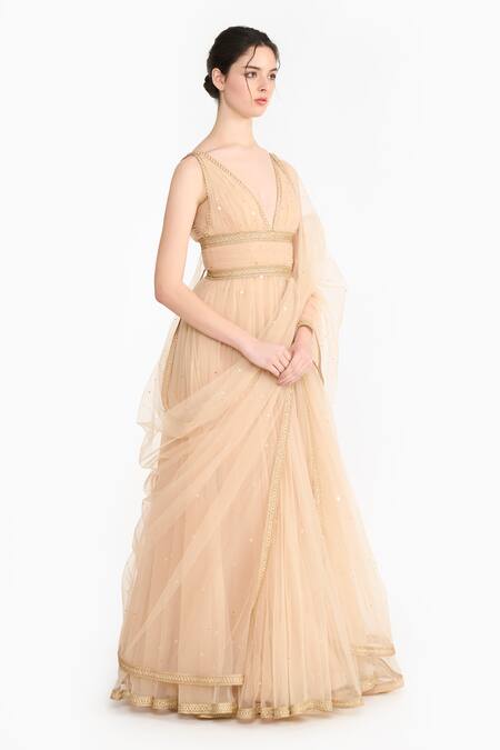 Gauri & Nainika_Peach Tulle Sequins, Piping V-neck Venus Anarkali With Churidar _Online_at_Aza_Fashions